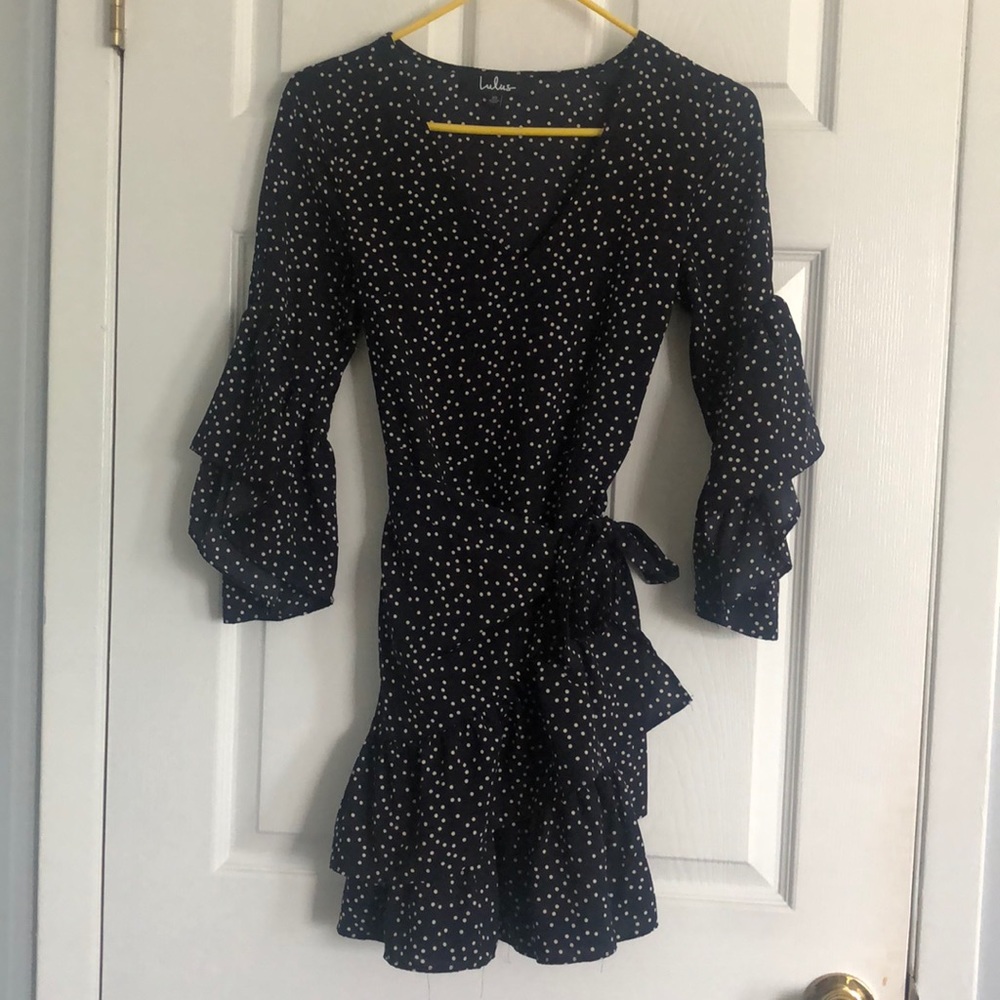 WHOLE HEART NAVY BLUE POLKA DOT WRAP DRESS